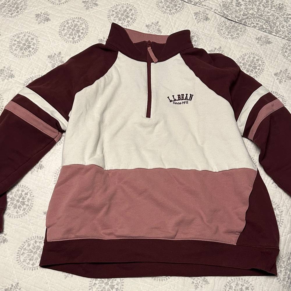 L.L. Bean Women's Colorblock Quarter-Zip Sweater in Burgundy, Rose, and White